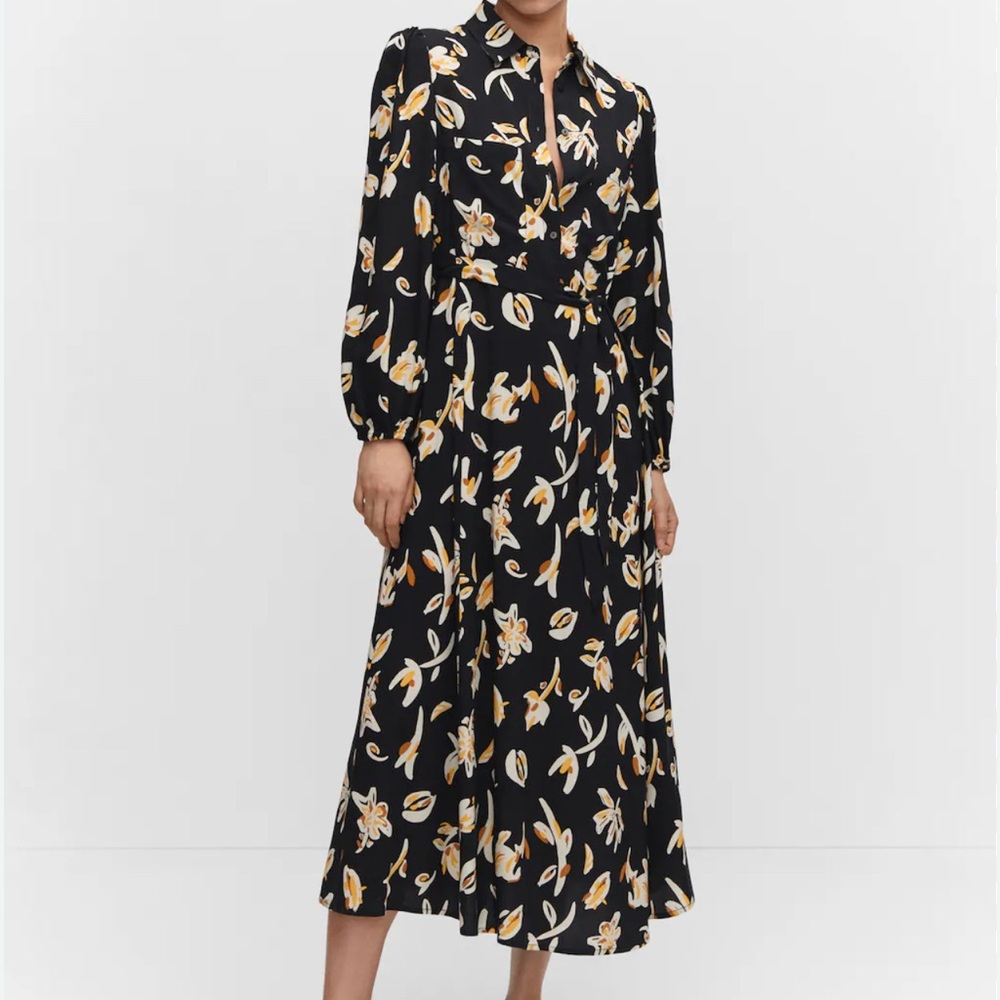 Mango Black Floral Long Sleeve Dress